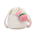 Handmade white crochet bucket bag with pink flower and strawberry charms and strap - Strawberry/Rabbit Ears / Pink