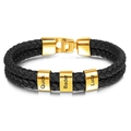 Doppellagiges schwarzes Lederarmband für Herren mit individuell gravierten Goldperlen - 19cm / Goldener Verschluss - 3 Namen