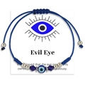 Adjustable evil eye charm bracelet with blue braided cord and silver metal beads - Dark Blue