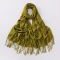 Olive green cashmere scarf for women featuring elegant tassels and soft fabric texture - Yellow-Green
