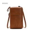 Vertical brown PU leather phone crossbody bag with flap pocket and adjustable strap - Brown