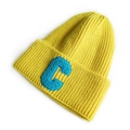 Bright yellow knit beanie hat with blue letter C patch and thick ribbed texture - Yellow