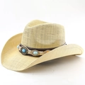 Detailed weave of beige straw cowboy hat with turquoise beads on a brown leather band - M (56-58cm) / Beige