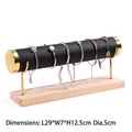 Single-tier gold metal and black leather bracelet display stand with wooden base 29x12.5cm - Single Layer Gold Bangle Stand-Black Leather