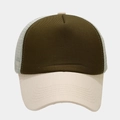 Detail of breathable mesh panel and contrast stitching on a green trucker hat - Army Green with Beige Brim