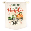 Rustikales beige Leinen-Banner mit Herbstmotiv und Pumpkin Patch-Aufdruck - Kürbisfeld Thema