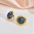 Close-up of vintage round stainless steel earrings with gold plating and blue marble stone - Blue Marble (EH143-5)