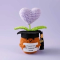 Crochet potted plant doll with graduation cap and Thank You For Helping Me Grow sign - Graduation Cap Heart Purple