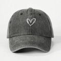 Washed dark grey cotton baseball cap with white heart embroidery for summer sun protection - One Size / Black