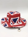 Detail of UK flag print bucket hat with metal eyelets and adjustable beige chin strap - Red Flag