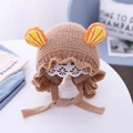 Infant knit beanie in dark beige featuring orange-shaped ears and lace trim edges - Light Brown Orange - Lined