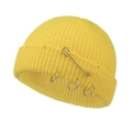 Detail showing the bright yellow knit beanie with metallic rings and decorative pin - 55-58cm / Light Yellow