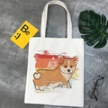 Λευκή πάνινη τσάντα με καλλιτεχνικό τύπωμα Corgi και ρετρό χρωματικά μπλοκ σχέδιο - Vintage Εικονογράφηση Κόργκι