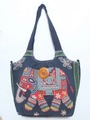 Blaue Ethno-Einkaufstasche aus Canvas mit bunter Elefantenstickerei und Holzknopf-Detail - Stil 15-Dunkelblau Elefant