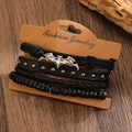 Set of 4 punk black leather bracelets featuring a silver bat pendant and metal studs - Punk Multi-layer Combo Style (11131) / Antique Silver