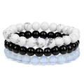 Three-piece 8mm natural stone bead bracelet set in marble white, black, and opal blue - White Turquoise and Opal (FK1208)