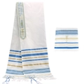 White Tallit prayer shawl with blue stripes, gold accents and traditional Tzitzit fringes - 52x180cm / White with Lake Blue Stripes