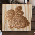 Handcrafted beechwood cookie mold with detailed rabbit engraving for rectangular biscuits - Fluffy Rabbit