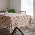 Floral cotton linen tablecloth in beige with elegant white fringe tassels decoration - 60*60cm / Rose with Beige Tassels