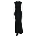 Elegante zwarte mouwloze maxi-jurk met hoge nek, taille-knoop en asymmetrische gedrapeerde zoom - S / Zwart