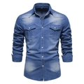 Detail of blue denim shirt showing front flap pockets and white button closure - S / Medium Blue (No Label)