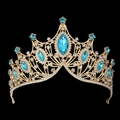 Detailed macro view of bridal tiara with gold alloy, blue crystals and white rhinestones - Standard Gold Lake Blue Rhinestone Crown