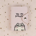 Pink PU leather card holder featuring a cute cat print and golden snap button closure - White Cat