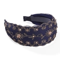 Navy blue fabric headband with gold floral embroidery and champagne crystal accents - Navy Blue - Rhinestone Flower
