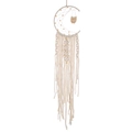 Handmade woven cotton dreamcatcher with crescent moon design and wooden owl charm - Owl Without Light