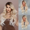 Long wavy T-part lace wig in mocha brown and honey blonde ombre style for women - 70cm / Champagne Gold Ombre Root Dye