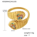 Anillo de serpiente dorado en acero inoxidable con circonitas de colores y abierto - Talla 7 (Ajustable) / Corazón Dorado Con Circonita Colorida