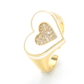 Anillo dorado ajustable con un corazón de esmalte blanco e incrustaciones de circón - Abierto Ajustable / Blanco