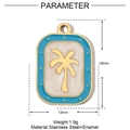 Detail view of a gold-plated stainless steel palm tree charm with enamel finish - Rectangular Coconut Tree-Blue