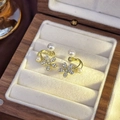 Elegant gold flower pearl earrings with sparkling crystals displayed in a velvet gift box - 19# Pearl Flower