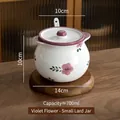 White ceramic storage jar with purple floral patterns, matching lid, spoon and wood base - Double Ear Purple Flower (700ml)