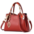 Elegant red wedding leather handbag with silk scarf handle and golden leaf pearl charm - Red With Red Scarf