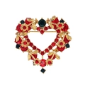 Elegant gold-plated heart brooch with red rhinestones and floral vintage accents - Red Heart