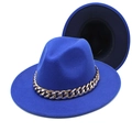 Detail of royal blue fedora hat with a bold gold acrylic chain on clean white background - Royal Blue + Black