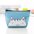 Cute sky blue cat coin purse in canvas fabric with white feline print and zipper - Smiling Cat (Sky Blue)