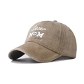 Detail of washed cotton baseball cap with Soccer MOM embroidery and vintage texture - Soccer Khaki