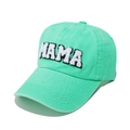 Close-up of MAMA towel embroidery on mint green washed cotton baseball cap - Green