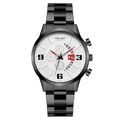 YOLAKO men's quartz watch with black metal strap, white three-eye dial, and date function - White Dial Black Band Red Pointer