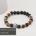 Beaded bracelet set with black volcanic stone, tiger eye beads and silver lion head charm - 20092803-Silver Lion Head