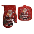 Christmas themed red oven mitt and pot holder set with Santa Claus and tree print - Santa Carrying Gifts
