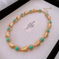 Vintage gold necklace with turquoise stones and fan-shaped metallic textures - Brushed Gold Turquoise Style Necklace (9#)