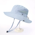 Detail view of light blue waterproof bucket hat showing breathable mesh and windproof cord - Blue