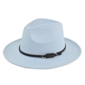 Close-up of light blue wool fedora hat with black leather band and silver metal buckle - M (56-58cm) / Sky Blue