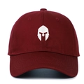 Detailed view of white embroidered Spartan helmet on burgundy cotton baseball cap - Burgundy / Adjustable