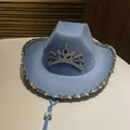 Light blue western cowboy hat with rhinestone crown logo and silver sequin brim - M (56-58cm) / Blue Sequin