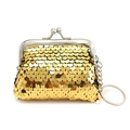 3 inch gold sequin mini coin purse for kids with silver metal frame and keychain ring - Gold + Silver
